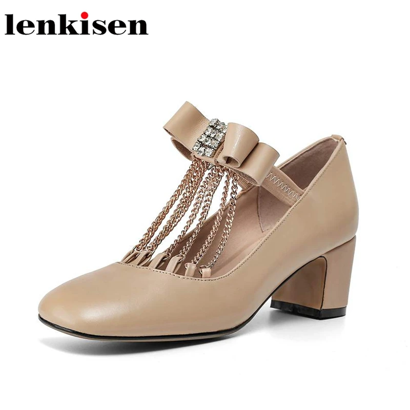 

Lenkisen genuine leather square toe high heels solid bowtie chains diamond shiny fairy party maiden elastic band women pumps L80