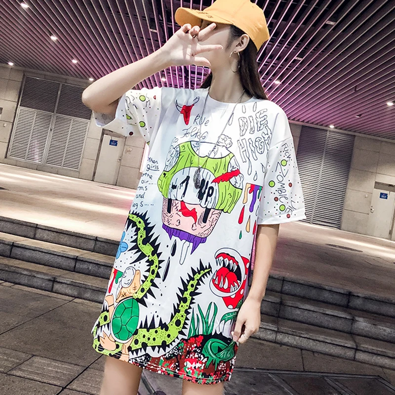 

2019 европейские женские футболки с коротким рукавом, модные футболки с мультяшным принтом, Весенняя уличная одежда с круглым вырезом, футбол...