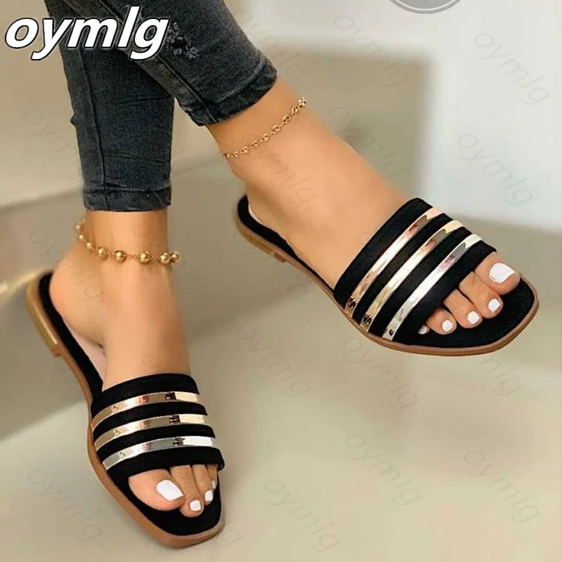 

Fashion Slippers for Women Summer Slip on PU Ladies Flat Shoes Casual Woman Striped Sandals Female Comfort Slides 2021