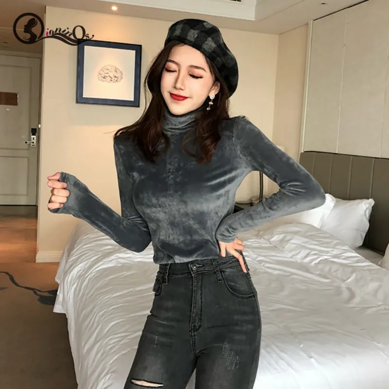 Женская водолазка с длинным рукавом теплая плотная бархатная Однотонная