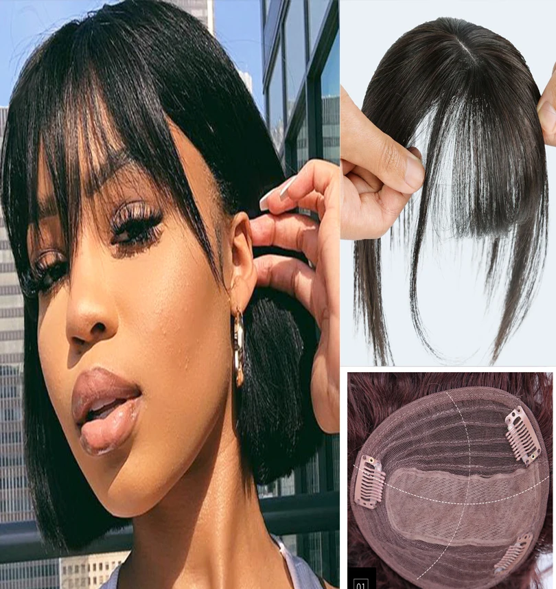 Short bob Women Toupee With Full Bangs Straight Silk Base +Machine Weft Hair Topper Remy 100%Human Hair Pieces Toupee Hair Clips