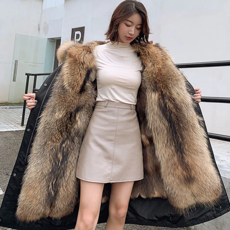 

2021 Mulher Parkas Removable Raccoon Hair Liner Thicken Womens Faux Fur Plus Size Coats Winter Warm Furry Fashion Puffer Jackets