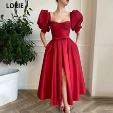 Lorie vestido de baile curto vermelho, elegante, manga bufante, frente, abotoado, baile com bolsos, chá, comprimento, vestido de festa de casamento (2)