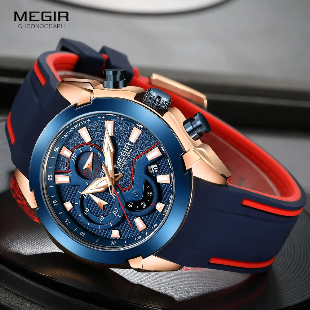 

MEGIR Chronograph Sports Watch for Men Blue Silicone Band Fashion Waterproof Luminous Army Military Quartz Wrist Watch Man Timer