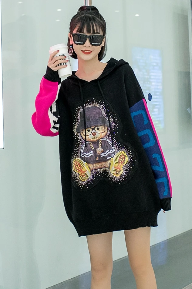 

Women's plus size sweater Europe station cartoon hot rhinestone hooded sweater dress women loose knit top trend