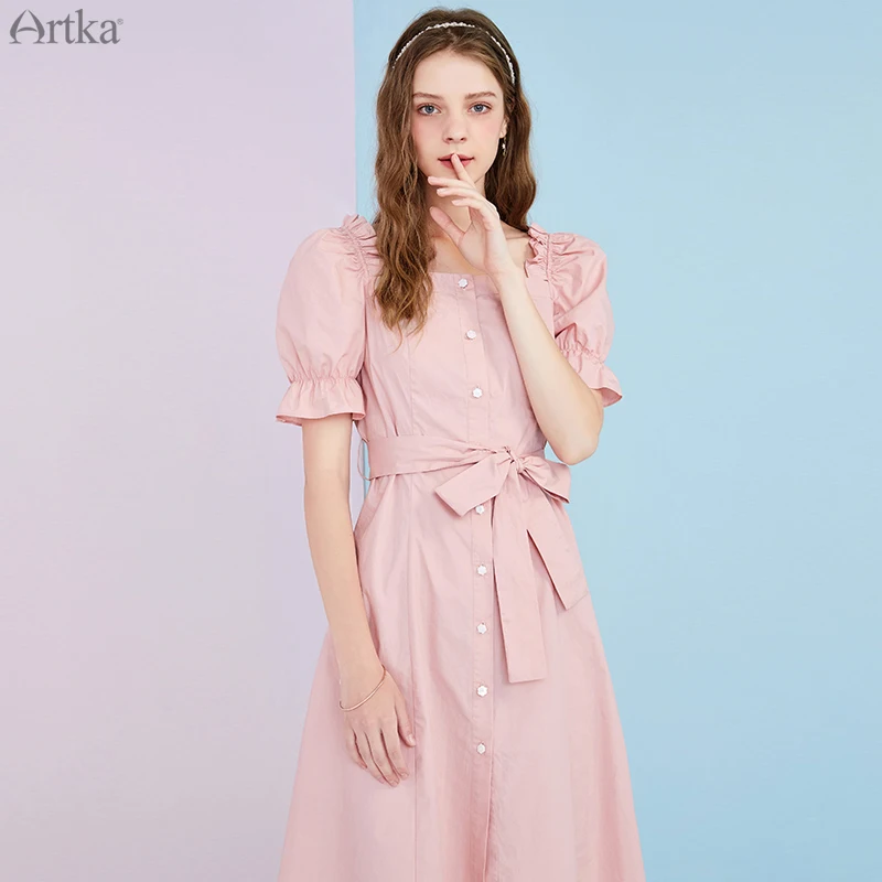Женское винтажное платье с поясом ARTKA длинное из чистого хлопка квадратным