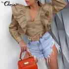 Блузка Celmia женская с V-образным вырезом, модная пикантная Повседневная элегантная однотонная офисная рубашка с оборками, с длинным рукавом, 7, осень 2021