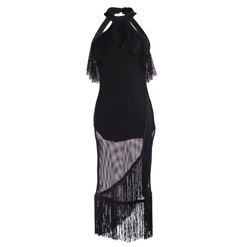 

Girls Mesh Latina Dance Tassel Dress Salsa Dance Clothes Stage Performance Costume Sleeveless Ballroom Party Dresses JL1048