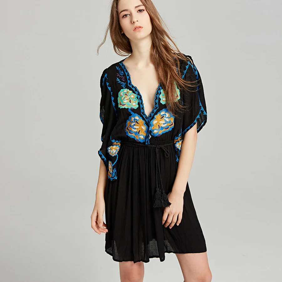 Женское пляжное платье с цветочной вышивкой глубоким V образным вырезом|boho dress|beach