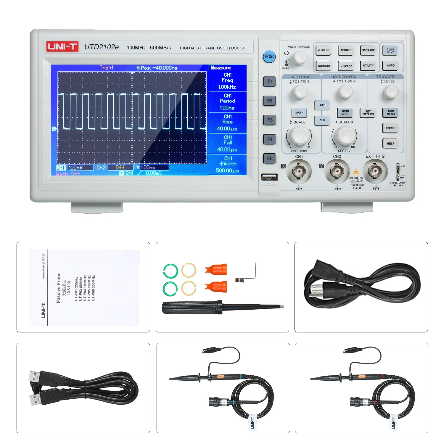 UNI-T UTD2102e цифровой осциллограф 100 МГц полоса пропускания с USB OTG 2 Каналы 500 мс/с