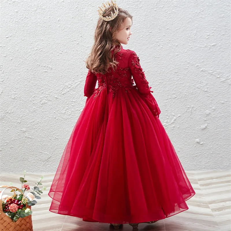 

2019Children Girls Luxury Autumn Winter Long Sleeves Appliques Flowers Birthday Wedding Party Long Dress Kids Christmas Dress