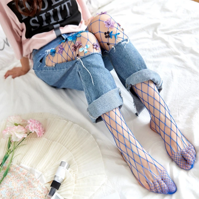 Женские ажурные колготки сетчатые ручной работы с 3D вышитыми цветами стразы для