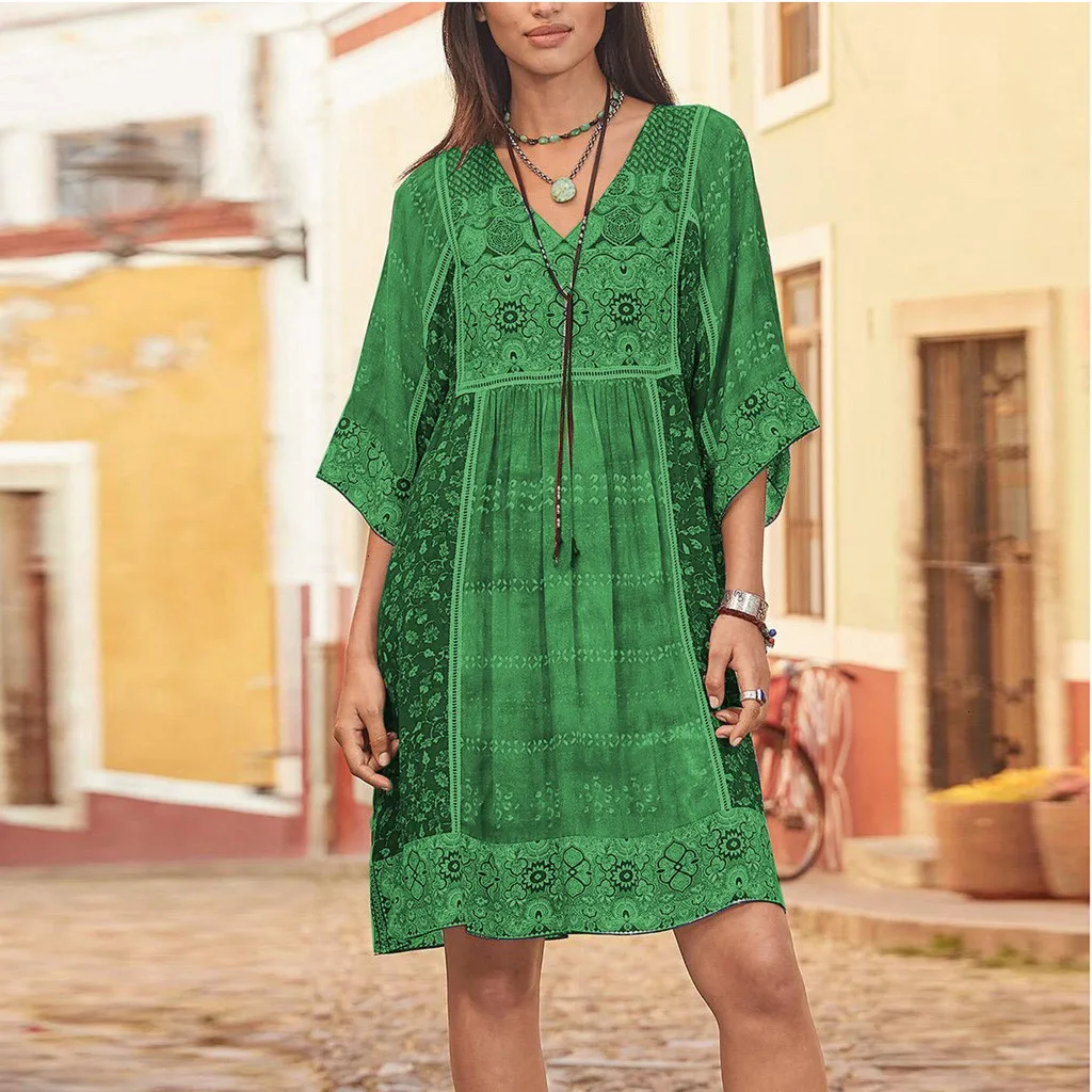 Женское богемное летнее платье большого размера свободное повседневное мини с v