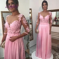 sexy pink long sleeve lace evening dresses party white a line plus size women girl dinner chiffon celebrity prom formal gowns
