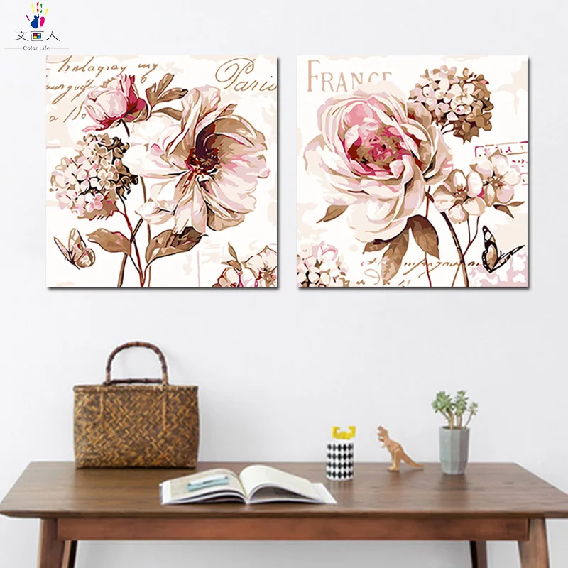 Раскрашивание по номерам 2 шт. классические цветы пион в полноцветном цвете