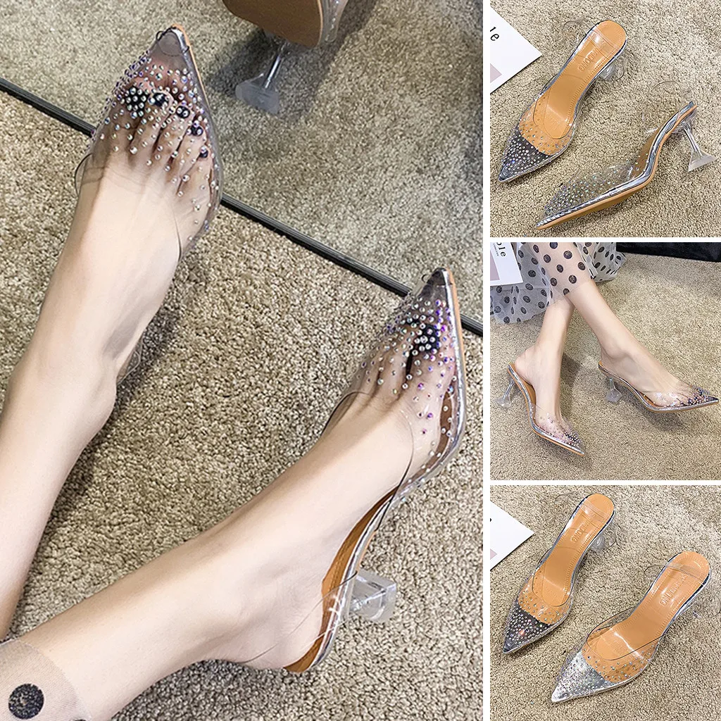 Сандалии женские на высоком каблуке прозрачные босоножки с блестками и открытым