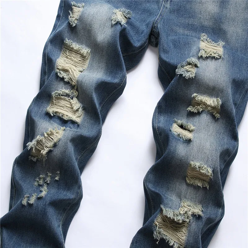 

2021 Men's Ripped Leisure Jeans Blue Straight Jeans
