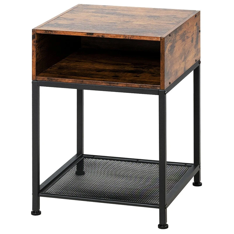 

Industrial Nightstand End Side Table Open Mesh Shelf Heavy-duty Steel Durable Frame 4 Adjustable Bottom Feet Storage Shelf