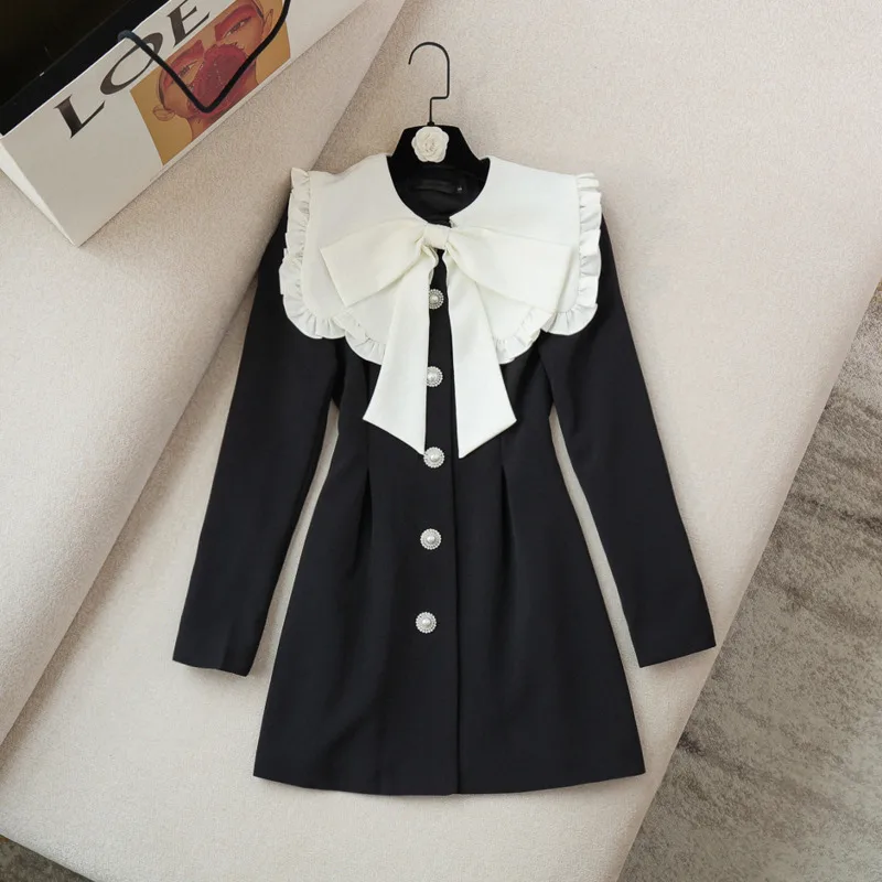 

Nieuwe Kleine Geur Revers Lange Mouw Boog Zwarte Mini Jurk Vrouwen Koreaanse Ol Single-Breasted Pakken Jurk robe