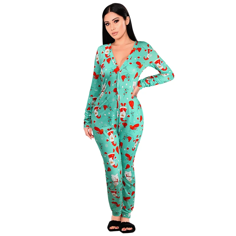 

Sexy V Neck Women Sheath Jumpsuits Long Sleeve Print Female Fashion Bodycon Jumpsuits Sleepwear Nightwear 2020 New