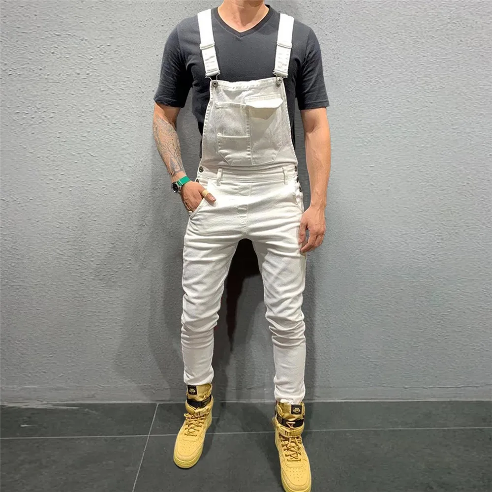 

Men's Denim Bib Overalls Jumpsuits Moto Biker Jeans Pants Trousers Plus Size Mens Casual Overalls