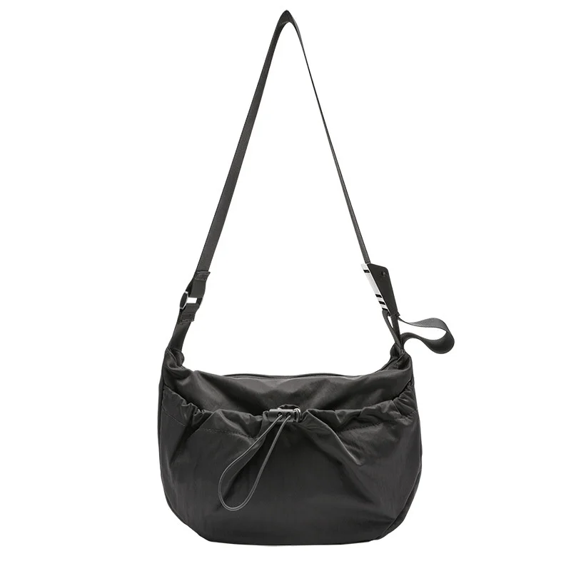 

Korean Version Simple Nylon Single Shoulder With Drawstring Zipper Solid Color Women's Bag Net Red Fashion Wide Shoulder handbag