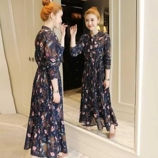Плиссированное платье с цветочным принтом vestidos largos Осеннее женское со стоячим