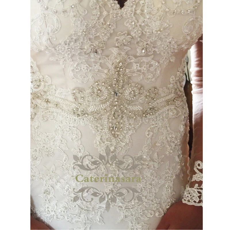 

Luxury Mermaid Wedding Dress Crystals Beaded Long Sleeves Bridal Gowns Sheer Back African Wedding Dresses Robe De Mariee