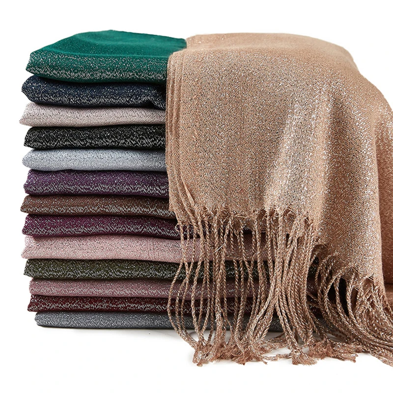 

75*175cm Long Shiny Scarf Shawls Silver-Lurex Headscarves WithTassels Fashion Basic Solid Glittering Holiday Stole Wraps Women