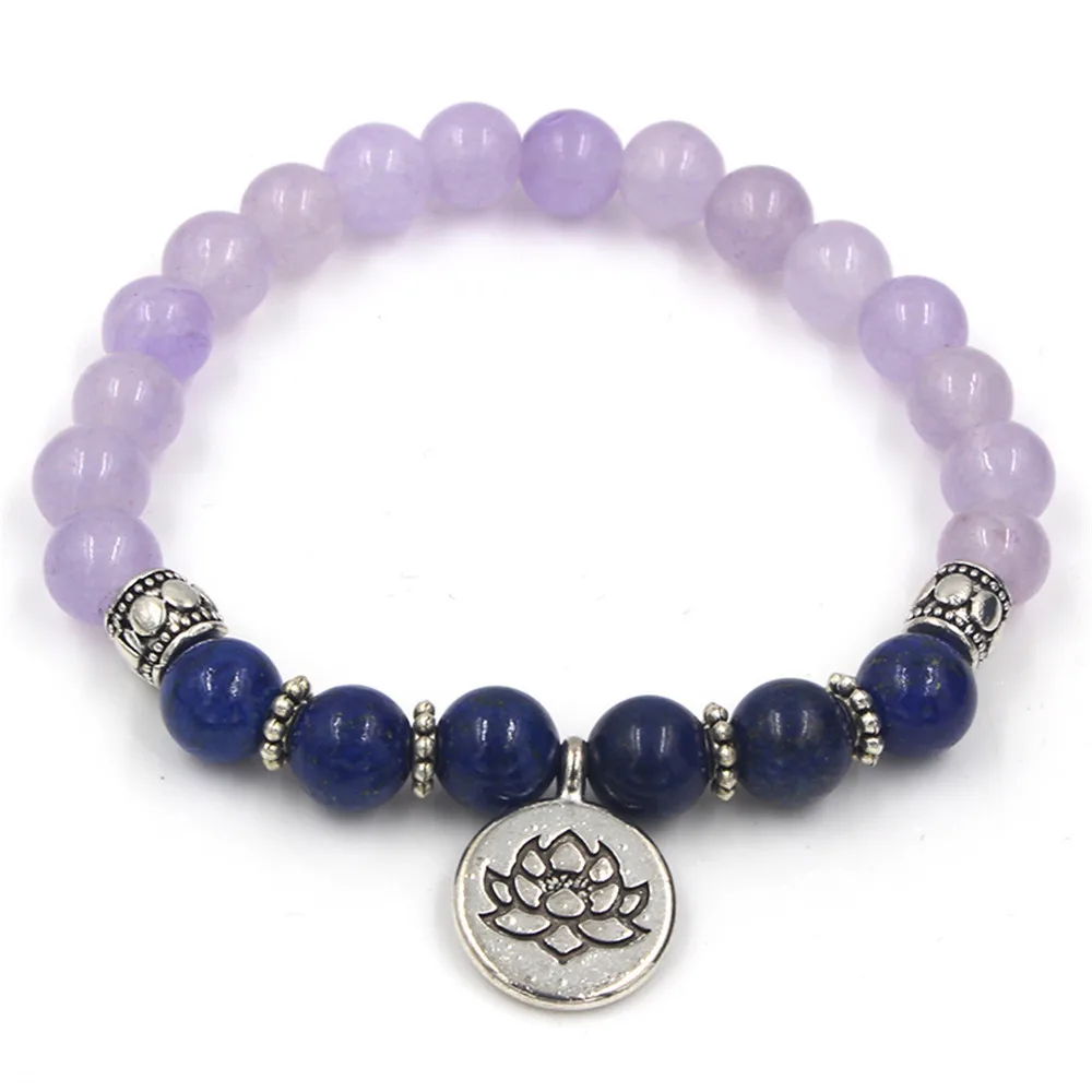 

Fashion Women's Energy Stone Bracelet Natural 8mm Purple Crystal Lapis Lazuli Bracelet Lotus Tree of life 3D Buddha Yoga Charm