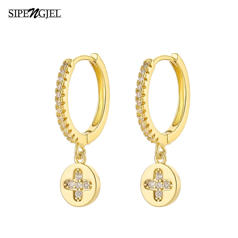 

SIPENGJEL Fashion Cz Crystal Geometric Round Gold Hoop Earrings Korean Style Four Leaf Cute Earings For Women Jewelry 2020