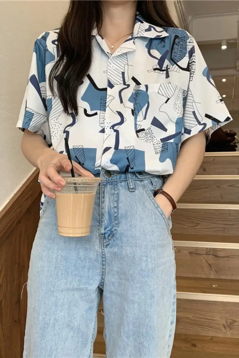 

Houthion Chiffon Slim Women's Blouses New Casual Blouse Fashion Short Sleeve Top Geometric Patterns Buttons Shirt Summer