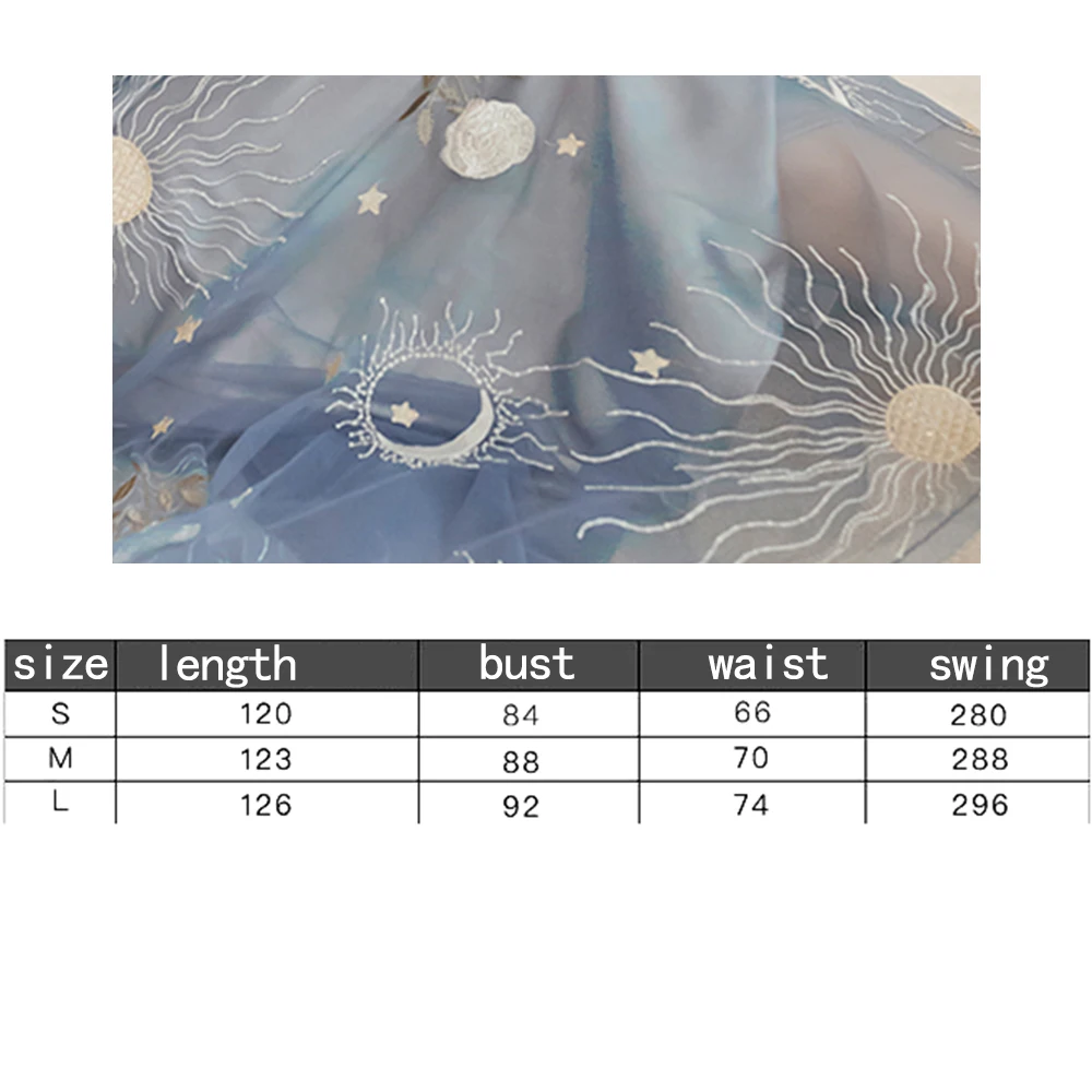 

OUSHANG star moon Embroidery spaghetti strap Haze blue mesh yarn Backless dress French retro long strap dress women