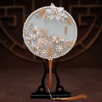 janevini luxury chinese bridal hand bouquet fan cover face handmade 3d flower pearls metal round fan wedding jewelry accessories