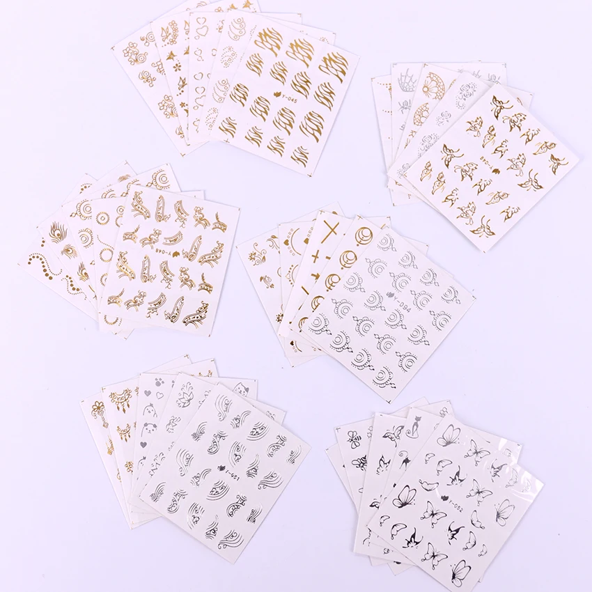 30 шт./компл. золотые и серебряные наклейки для ногтей перо цветок паук дизайн