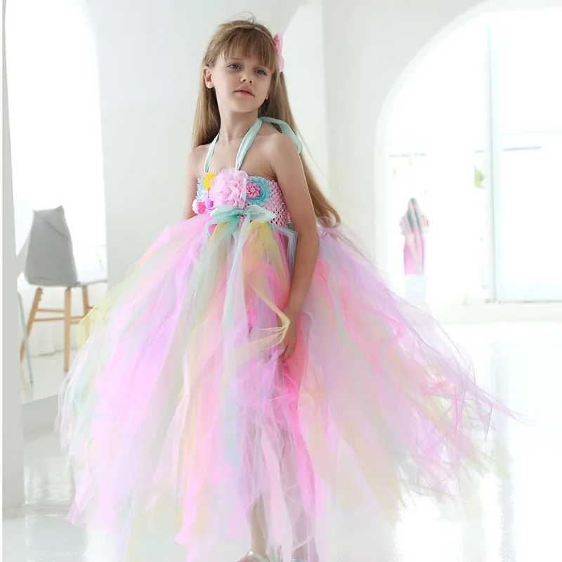 

Girls Bridesmaid Fashion Mesh Tutu Dresses Kids Princess Birthday Party Outfit Halloween Cosplay Costume Role Play Dress Up Suit