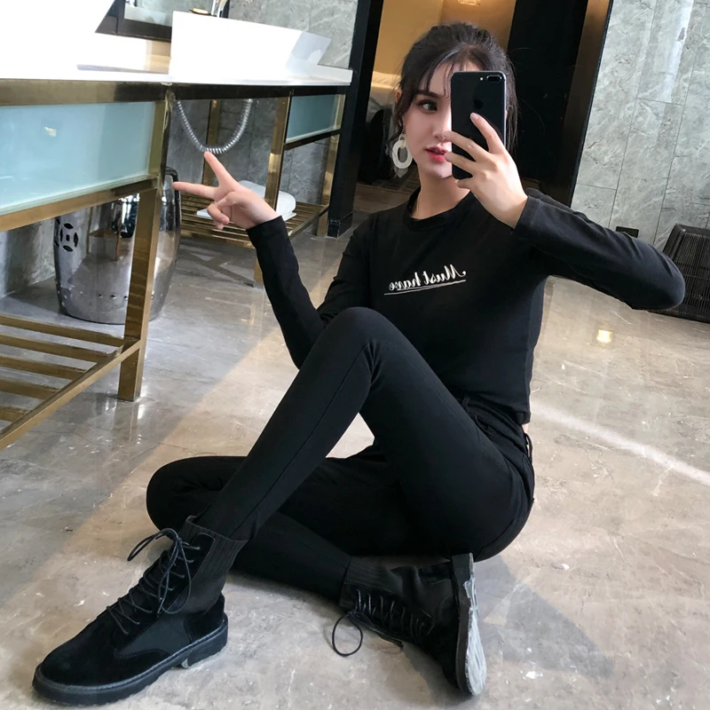 

Leggings women's spring and autumn Wear Black Slim versatile tight jeans small feet high waist autumn winter Plush magic pants