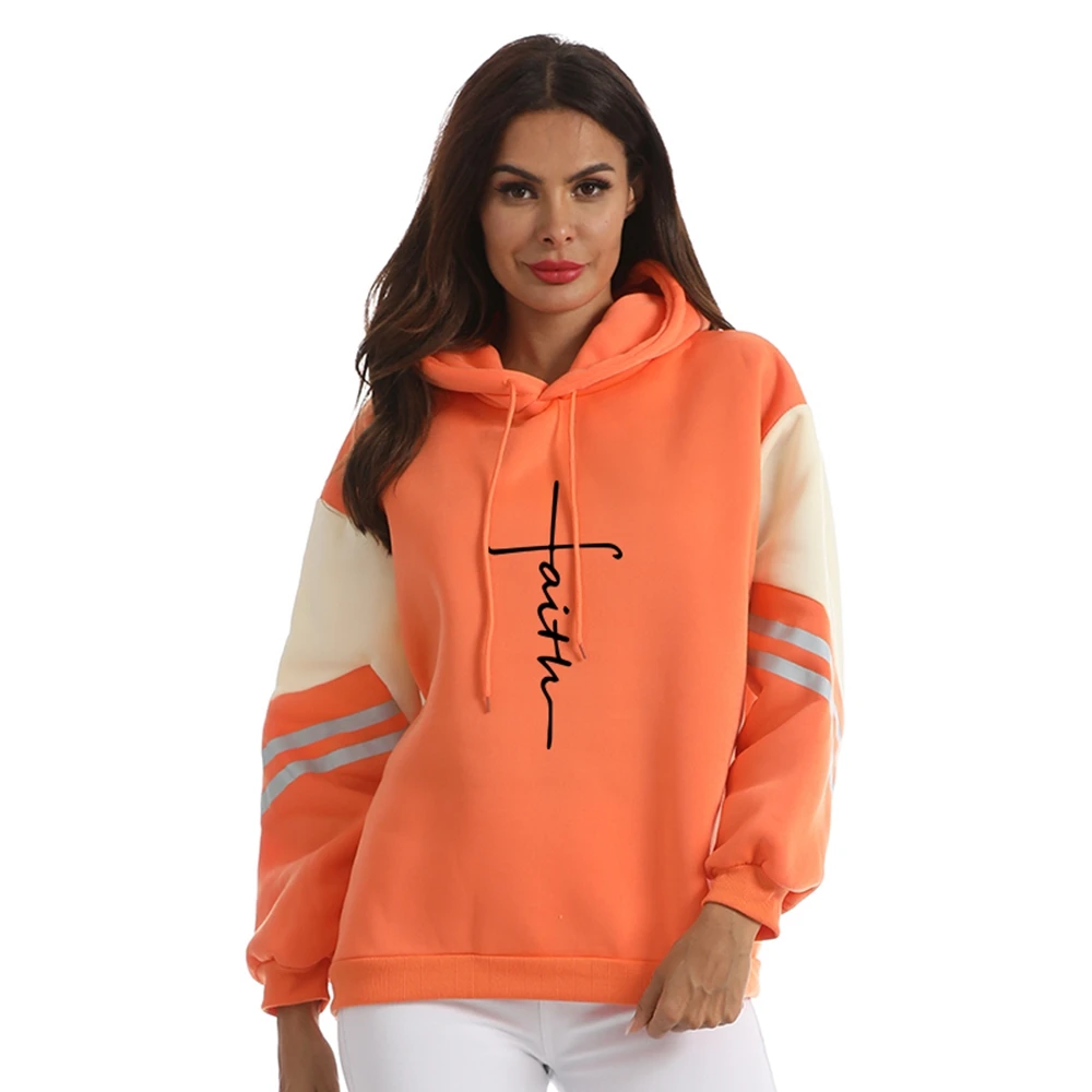

Fleece Hoodie Autumn Winter New Harajuku Funny Faith Letter Print Sweatshirts Women Spell Color Stitching Casual Streetwear Tops