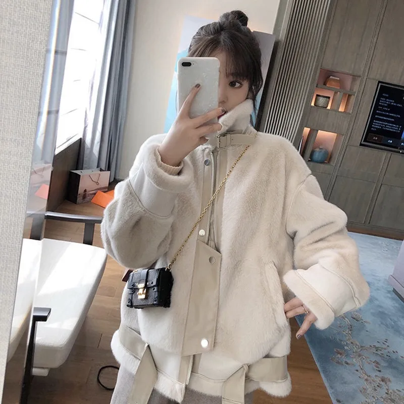 

Spring and autumn new Korean version of the loose short locomotive jacket thickened mink fleece jacket lamb wool coat women