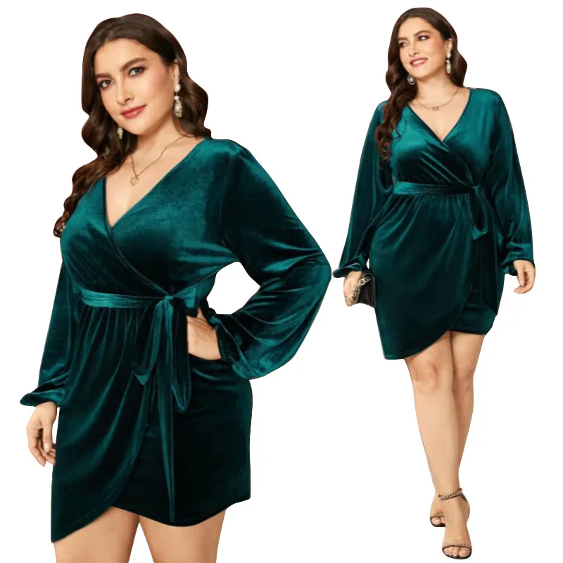 

Autumn New Product Fashion Temperament Sexy Golden Velvet Temperament V-neck Big Hem Strap Plus Size Dress Nightclub Party Wear