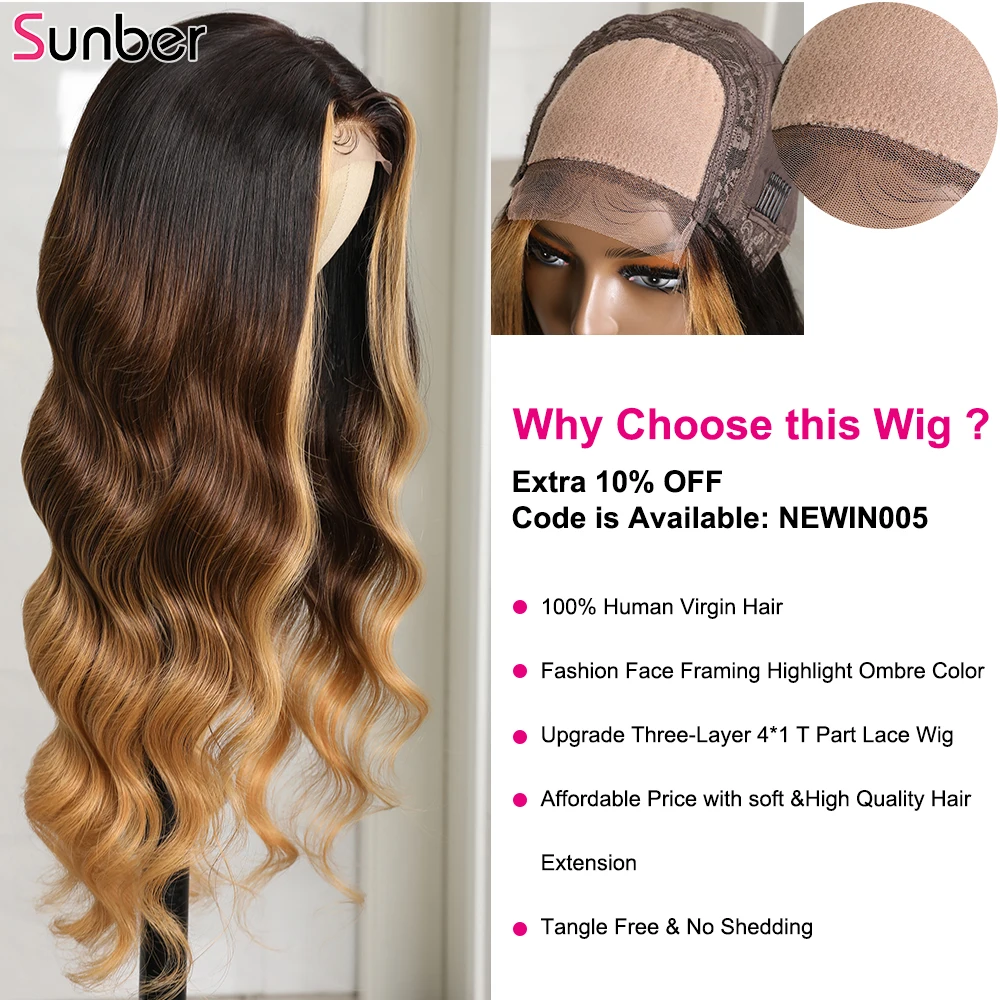 

Sunber Hair 4/27 Honey Blonde Highlight Wig Glueless Transparent Lace Body Wave 4*1 T Part Lace Human Hair Wigs for Black Women
