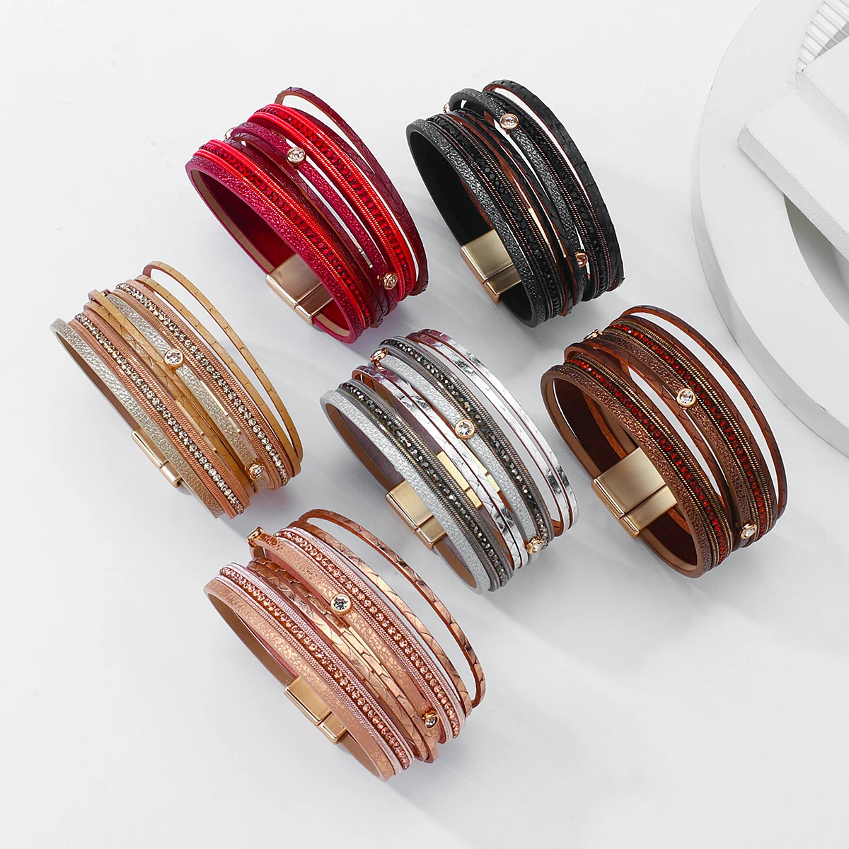 

Amorcome Multilayer Round Stud Wrap Leather Woman Bracelets Boho Wide Braided Magnetic Buckle Cuff Bangle Bracelet Femme Pulsera