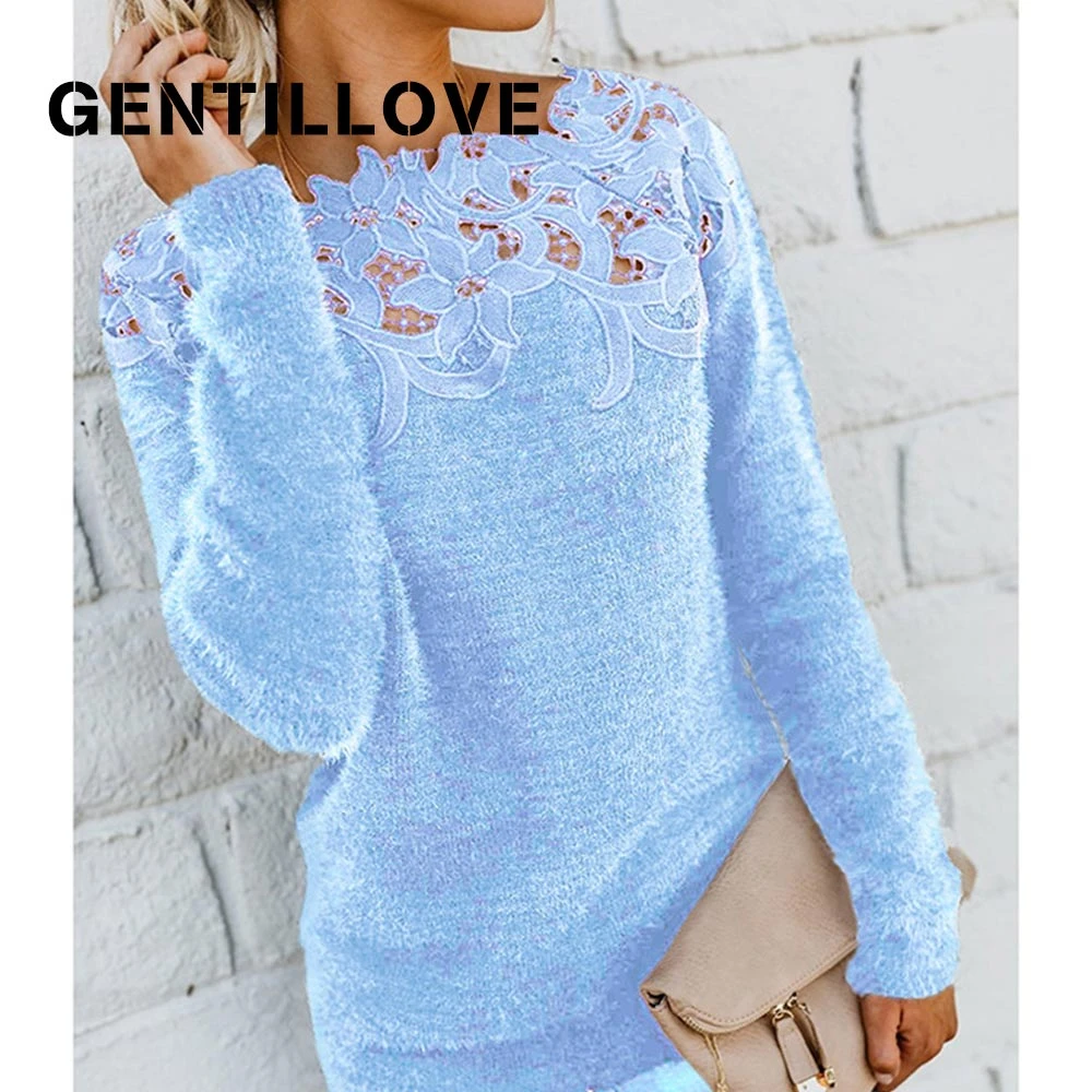 

Gentillove Lace Plush Patchwork Knitted Sweater Elegant Slim Pullover Autumn Winter Casual Jumpers Oversized Tops 2021 Fashion
