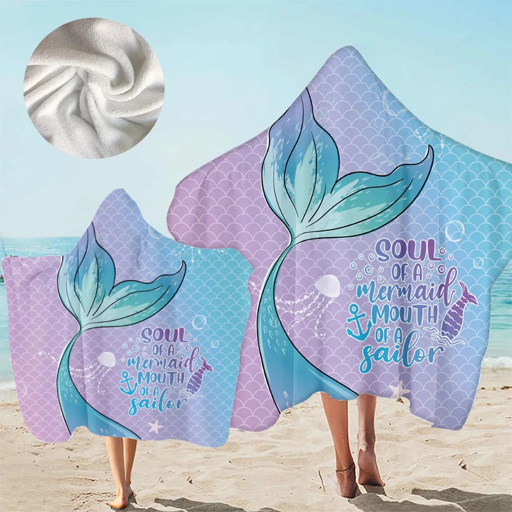 

150*200cm Children's Adult Mermaid Water-absorbing Wind-proof Sun-proof Hooded Cloak Square Bath Towel Hood Wearable Beach Towel