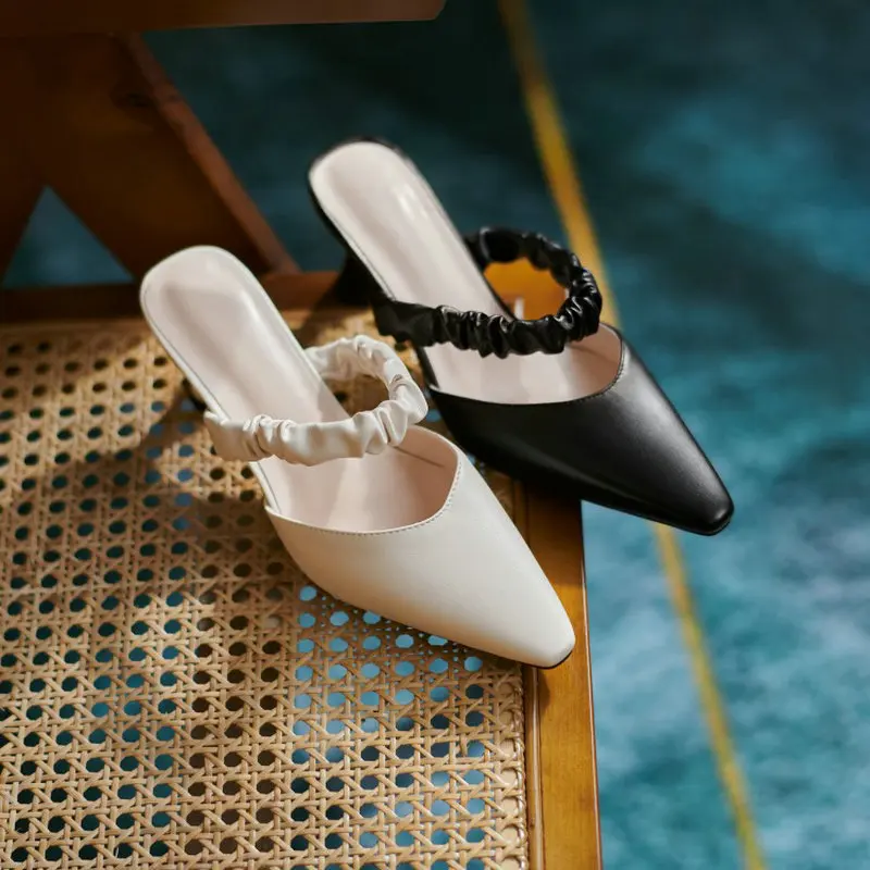 

ZawsThia 2021 Summer Fashion Elegant Ladies Pumps Strange High Heels Sandals Pleated Elastic Strap Women Slides Mules Size 33-43