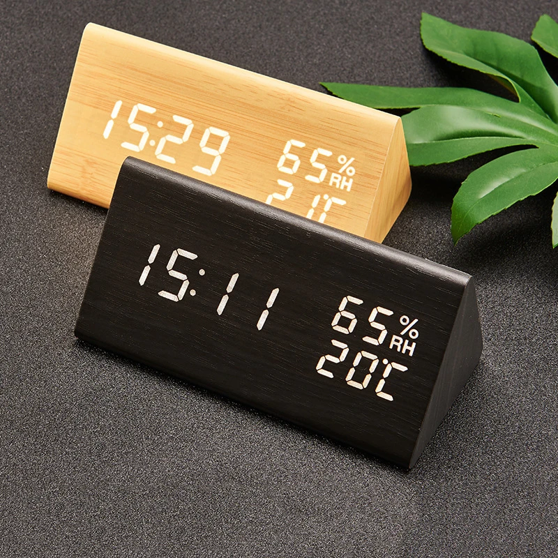 

USB/AAA LED Wooden digital clock Watch Table Voice Control Wood Despertador Powered Electronic Desktop Clocks Table Decor QBMY