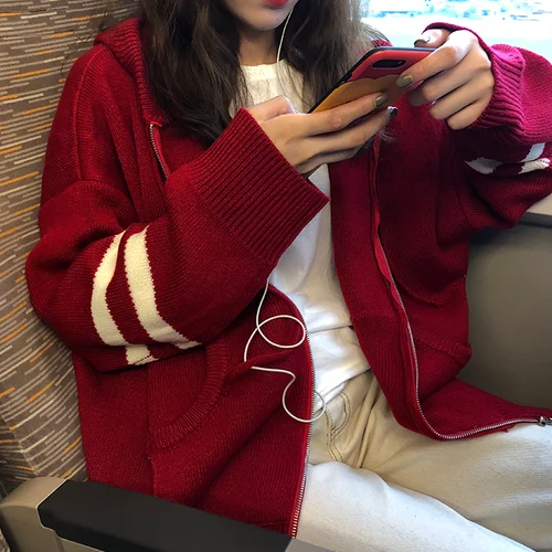 Бургундия Woherb Harajuku Knitted Cardigan Women Korean Style Modis Striped Print Hooded Sweater Coat Girls Casual Runway Sweaters - Цвет: Бургундия