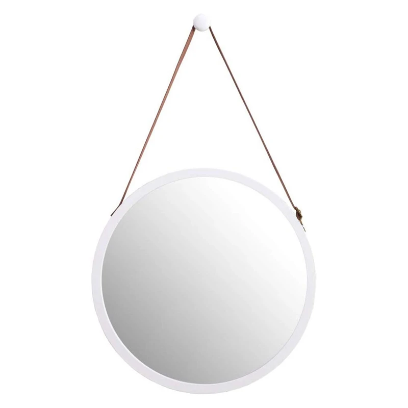 

Hanging Round Wall Mirror in Bathroom & Bedroom - Solid Bamboo Frame & Adjustable Leather Strap