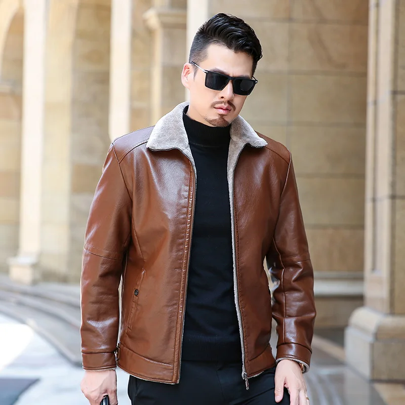 

high quality Winter real Leisure Casual Leather Jacket for Men Fashion Brand Brown Sheepskin Jackets and Coats with Wool Lining