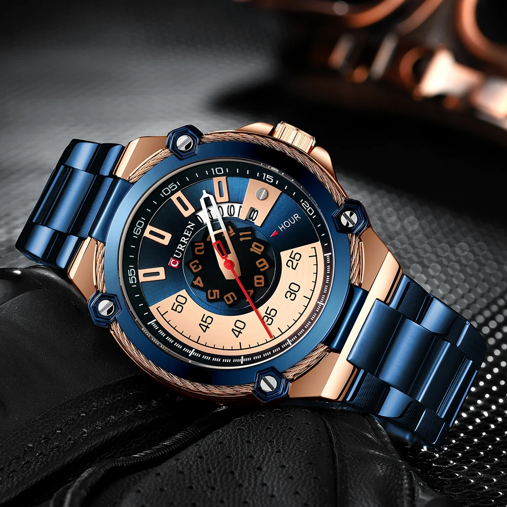 CURREN Модные мужские часы 2019 креативные Reloj Hombre синие из нержавеющей стали золотой